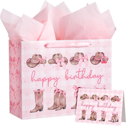 13" Large Pink Cowgirl Birthday Gift Bag with Card and Tissue Paper - Western Bow Happy Birthday Wrapping Paper Bags for Party Favors Decor Girls Women Supplies