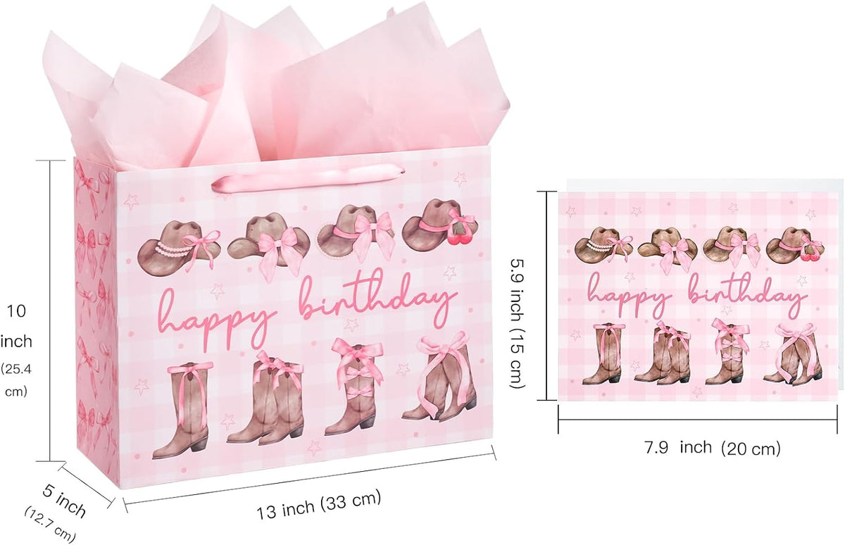 13" Large Pink Cowgirl Birthday Gift Bag with Card and Tissue Paper - Western Bow Happy Birthday Wrapping Paper Bags for Party Favors Decor Girls Women Supplies