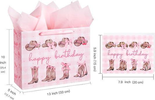 13" Large Pink Cowgirl Birthday Gift Bag with Card and Tissue Paper - Western Bow Happy Birthday Wrapping Paper Bags for Party Favors Decor Girls Women Supplies