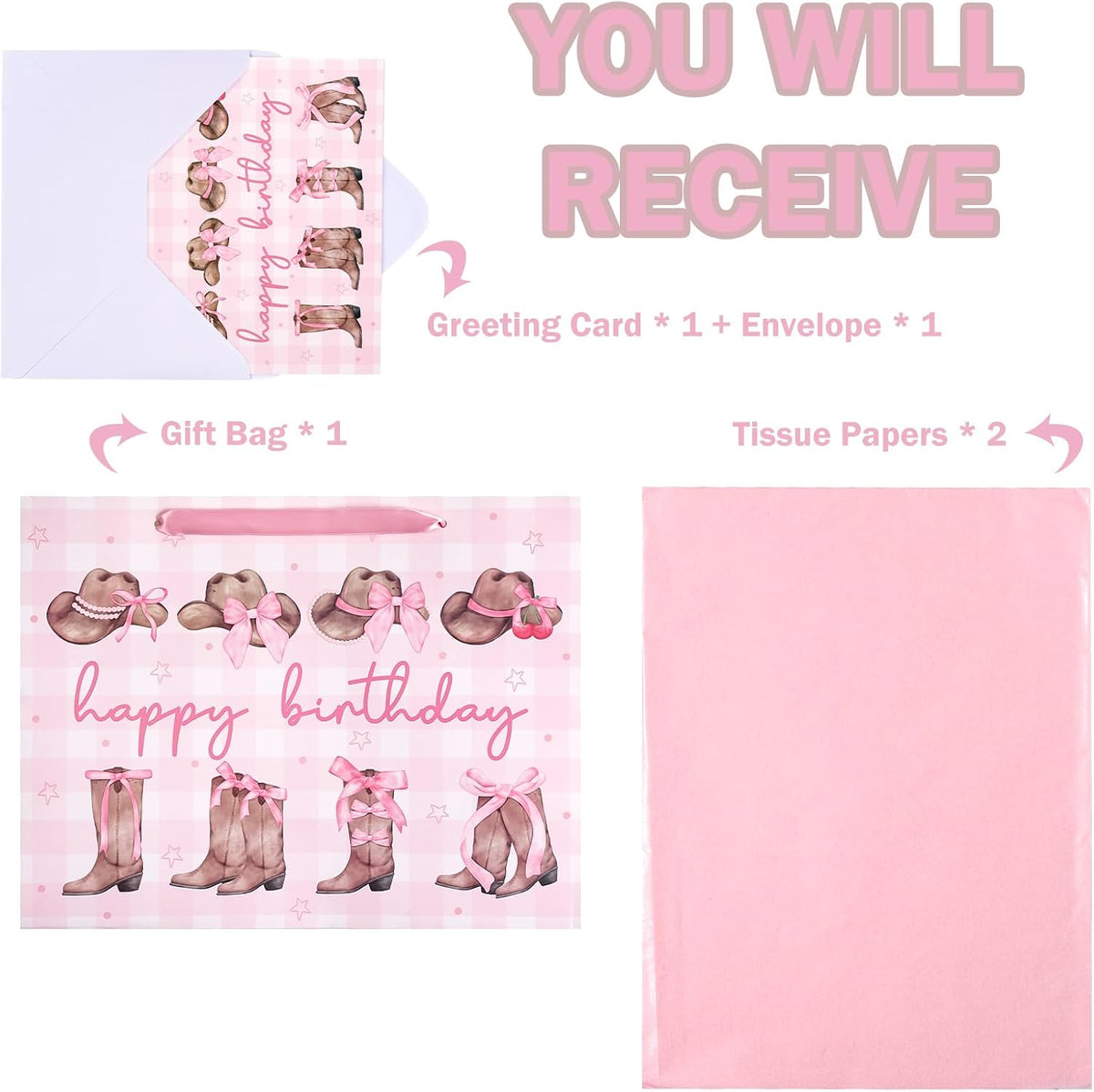 13" Large Pink Cowgirl Birthday Gift Bag with Card and Tissue Paper - Western Bow Happy Birthday Wrapping Paper Bags for Party Favors Decor Girls Women Supplies