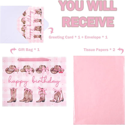13" Large Pink Cowgirl Birthday Gift Bag with Card and Tissue Paper - Western Bow Happy Birthday Wrapping Paper Bags for Party Favors Decor Girls Women Supplies