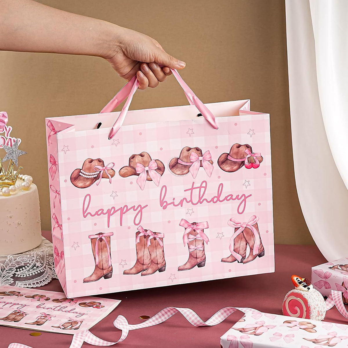 13" Large Pink Cowgirl Birthday Gift Bag with Card and Tissue Paper - Western Bow Happy Birthday Wrapping Paper Bags for Party Favors Decor Girls Women Supplies