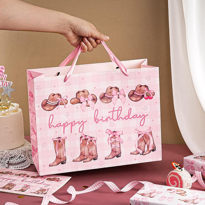 13" Large Pink Cowgirl Birthday Gift Bag with Card and Tissue Paper - Western Bow Happy Birthday Wrapping Paper Bags for Party Favors Decor Girls Women Supplies