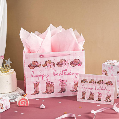 13" Large Pink Cowgirl Birthday Gift Bag with Card and Tissue Paper - Western Bow Happy Birthday Wrapping Paper Bags for Party Favors Decor Girls Women Supplies