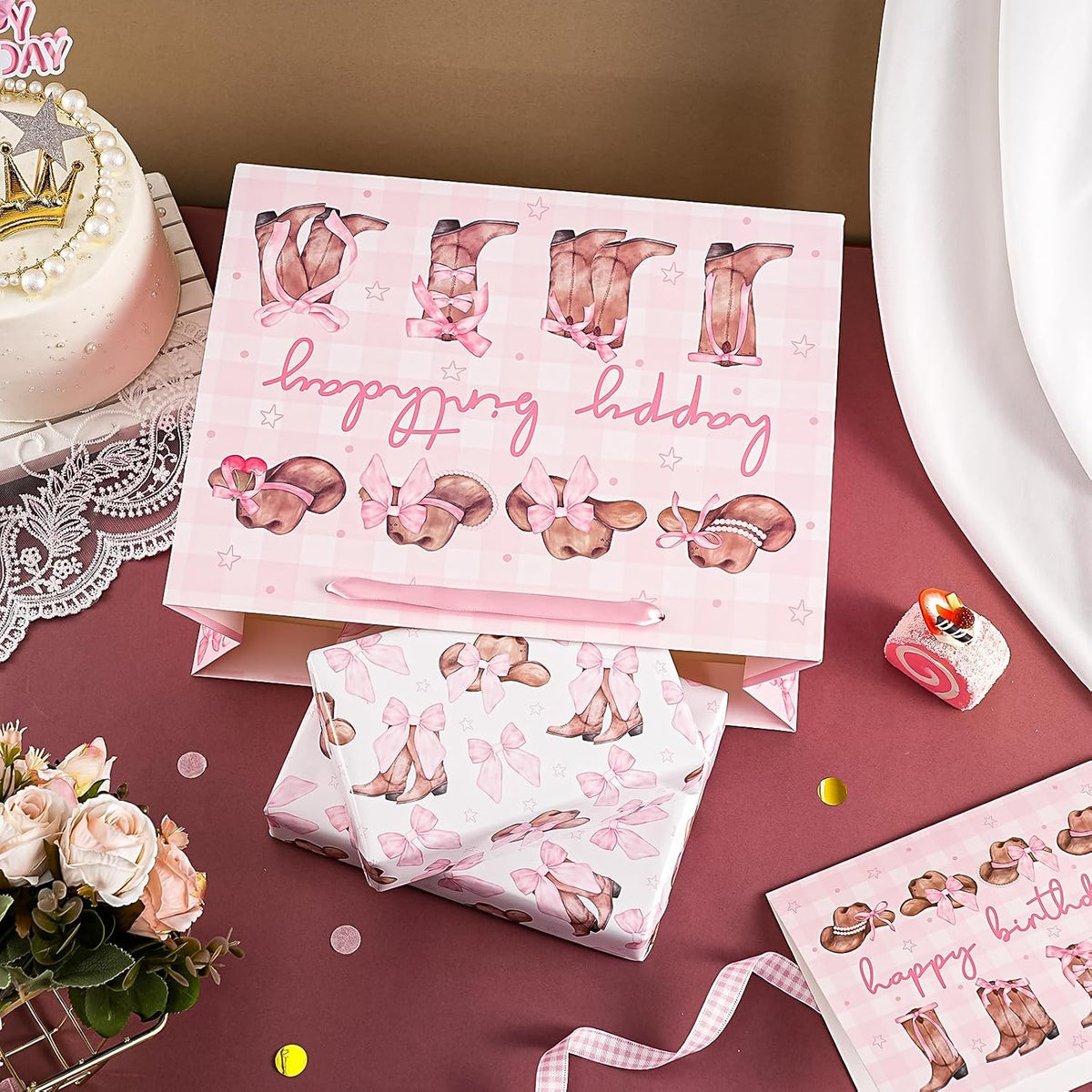 13" Large Pink Cowgirl Birthday Gift Bag with Card and Tissue Paper - Western Bow Happy Birthday Wrapping Paper Bags for Party Favors Decor Girls Women Supplies