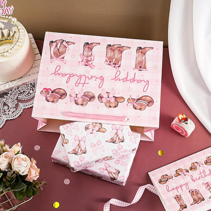 13" Large Pink Cowgirl Birthday Gift Bag with Card and Tissue Paper - Western Bow Happy Birthday Wrapping Paper Bags for Party Favors Decor Girls Women Supplies