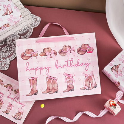 13" Large Pink Cowgirl Birthday Gift Bag with Card and Tissue Paper - Western Bow Happy Birthday Wrapping Paper Bags for Party Favors Decor Girls Women Supplies