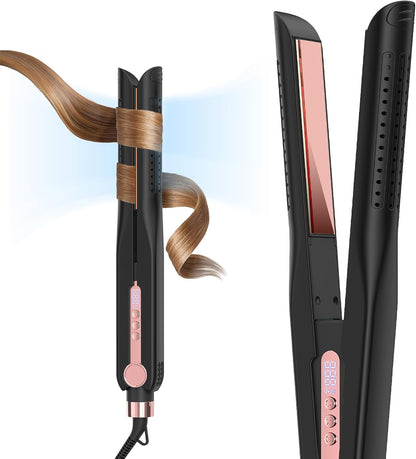 SKIMI Airflow Styler 2.0 Titanium Flat Iron Hair Straightener & Curling Wand, 96 Cool Air Vents for 48H Lasting Style, Dual Voltage for Travel & Home, Anti-Tangle, 5 Temps (Black & Gold Pink).