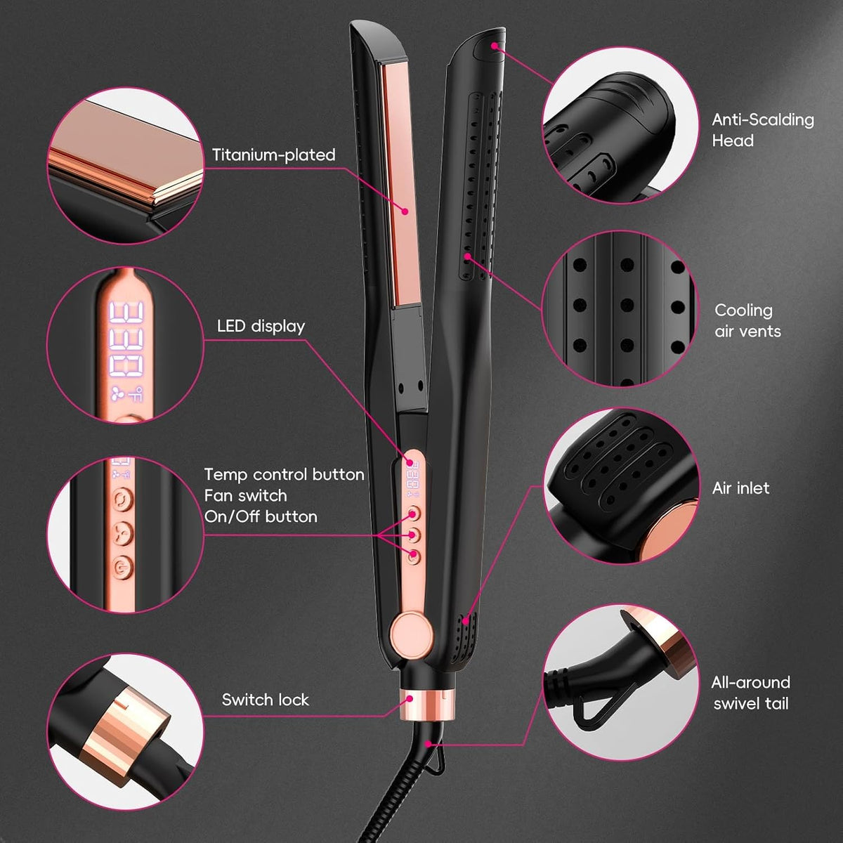 SKIMI Airflow Styler 2.0 Titanium Flat Iron Hair Straightener & Curling Wand, 96 Cool Air Vents for 48H Lasting Style, Dual Voltage for Travel & Home, Anti-Tangle, 5 Temps (Black & Gold Pink).