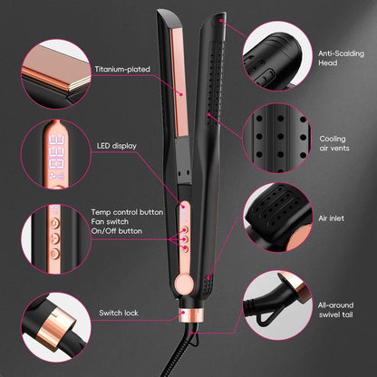 SKIMI Airflow Styler 2.0 Titanium Flat Iron Hair Straightener & Curling Wand, 96 Cool Air Vents for 48H Lasting Style, Dual Voltage for Travel & Home, Anti-Tangle, 5 Temps (Black & Gold Pink).