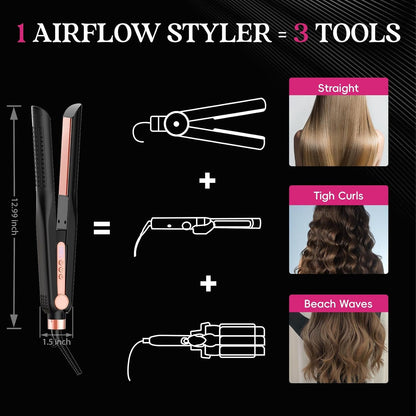 SKIMI Airflow Styler 2.0 Titanium Flat Iron Hair Straightener & Curling Wand, 96 Cool Air Vents for 48H Lasting Style, Dual Voltage for Travel & Home, Anti-Tangle, 5 Temps (Black & Gold Pink).
