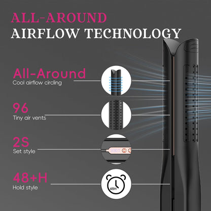 SKIMI Airflow Styler 2.0 Titanium Flat Iron Hair Straightener & Curling Wand, 96 Cool Air Vents for 48H Lasting Style, Dual Voltage for Travel & Home, Anti-Tangle, 5 Temps (Black & Gold Pink).