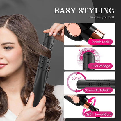 SKIMI Airflow Styler 2.0 Titanium Flat Iron Hair Straightener & Curling Wand, 96 Cool Air Vents for 48H Lasting Style, Dual Voltage for Travel & Home, Anti-Tangle, 5 Temps (Black & Gold Pink).