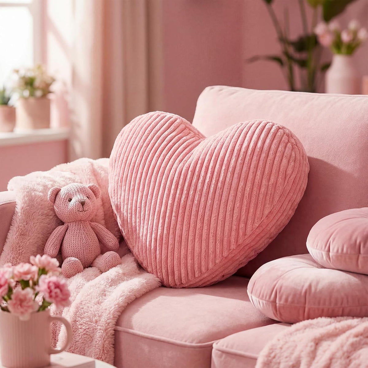Pink Heart Pillow Heart Shaped Corduroy Decorative Throw Pillows