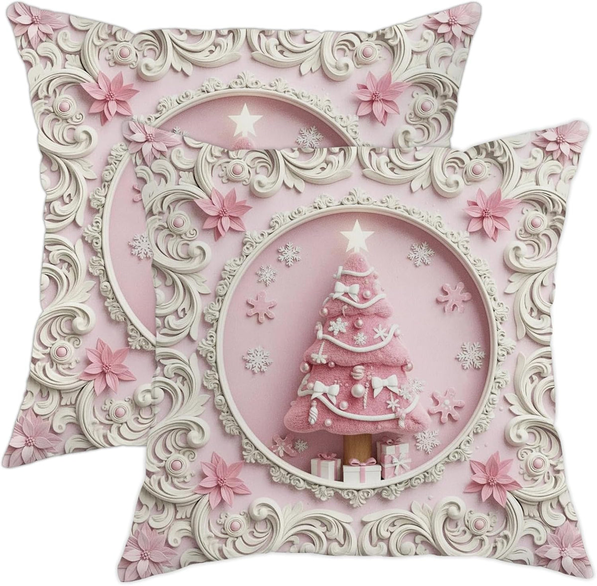 Christmas Tree Throw Pillow Covers Set of 2, Festive Fanciful Snowflakes Flowers Xmas Peach with Hidden Zipper Cover Decorative Pillows for Living Room Apartment Bed Sofa Decor 22x22 Inch