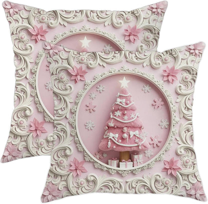 Christmas Tree Throw Pillow Covers Set of 2, Festive Fanciful Snowflakes Flowers Xmas Peach with Hidden Zipper Cover Decorative Pillows for Living Room Apartment Bed Sofa Decor 22x22 Inch