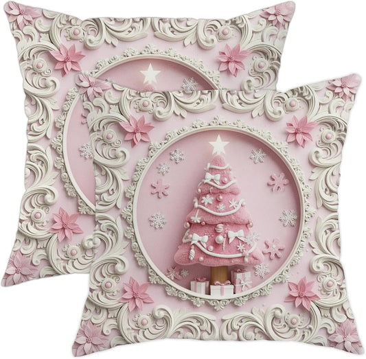 Christmas Tree Throw Pillow Covers Set of 2, Festive Fanciful Snowflakes Flowers Xmas Peach with Hidden Zipper Cover Decorative Pillows for Living Room Apartment Bed Sofa Decor 22x22 Inch