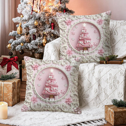 Christmas Tree Throw Pillow Covers Set of 2, Festive Fanciful Snowflakes Flowers Xmas Peach with Hidden Zipper Cover Decorative Pillows for Living Room Apartment Bed Sofa Decor 22x22 Inch