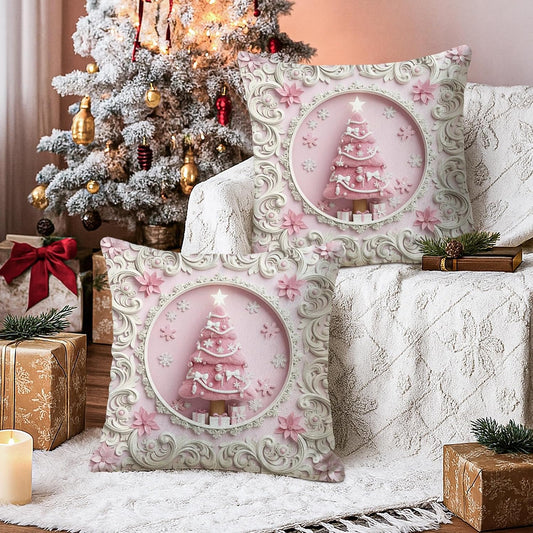 Christmas Tree Throw Pillow Covers Set of 2, Festive Fanciful Snowflakes Flowers Xmas Peach with Hidden Zipper Cover Decorative Pillows for Living Room Apartment Bed Sofa Decor 22x22 Inch
