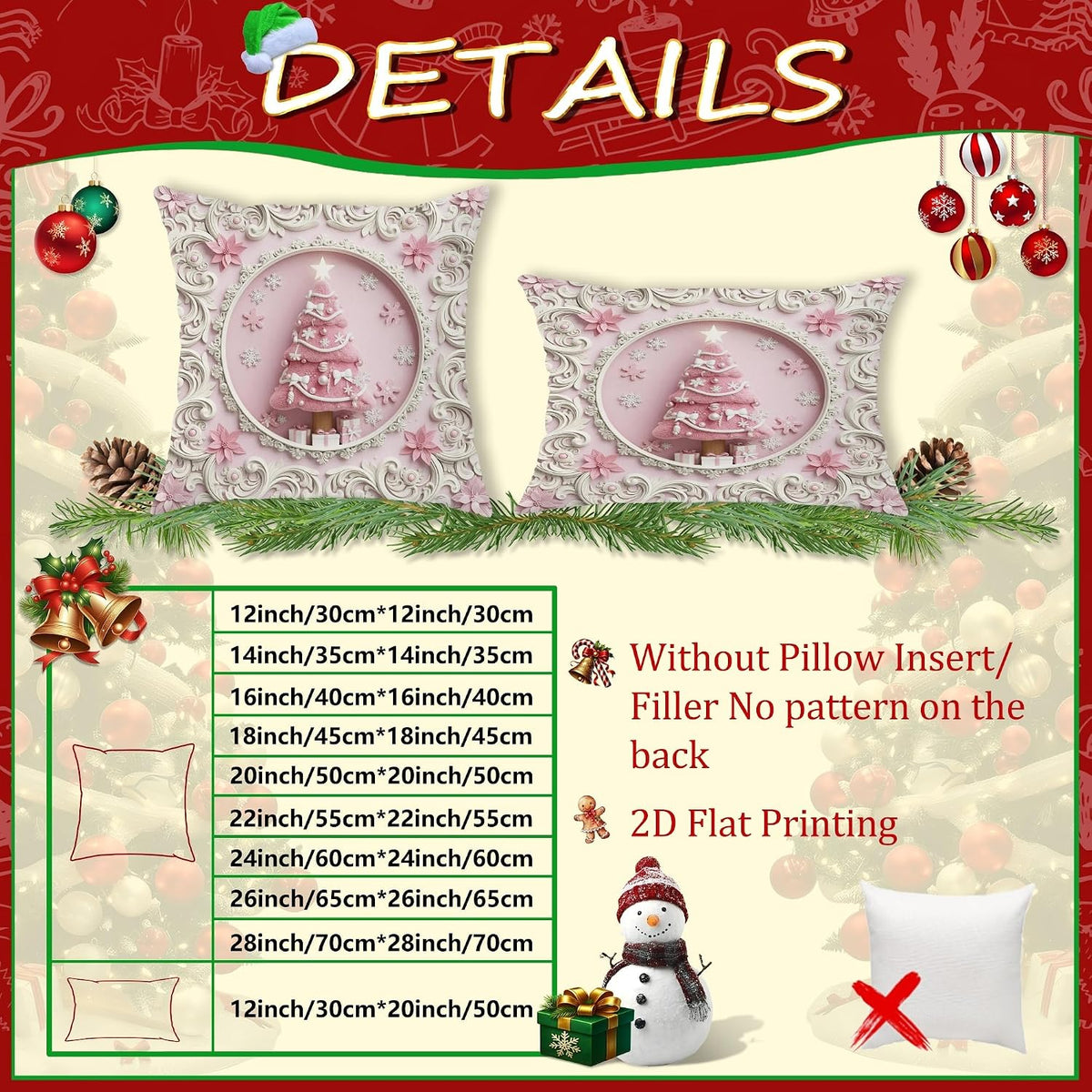 Christmas Tree Throw Pillow Covers Set of 2, Festive Fanciful Snowflakes Flowers Xmas Peach with Hidden Zipper Cover Decorative Pillows for Living Room Apartment Bed Sofa Decor 22x22 Inch