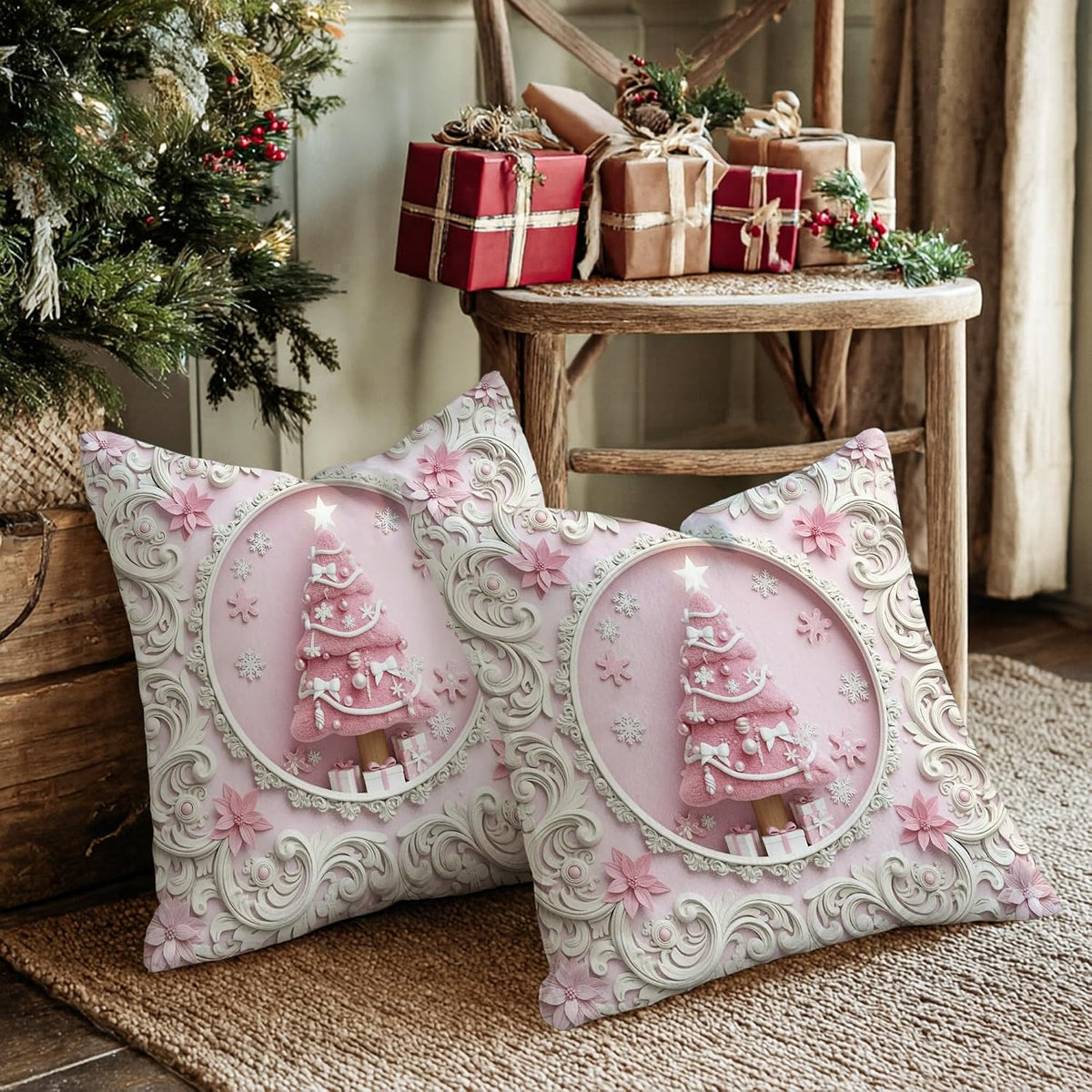 Christmas Tree Throw Pillow Covers Set of 2, Festive Fanciful Snowflakes Flowers Xmas Peach with Hidden Zipper Cover Decorative Pillows for Living Room Apartment Bed Sofa Decor 22x22 Inch