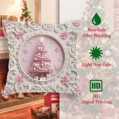 Christmas Tree Throw Pillow Covers Set of 2, Festive Fanciful Snowflakes Flowers Xmas Peach with Hidden Zipper Cover Decorative Pillows for Living Room Apartment Bed Sofa Decor 22x22 Inch