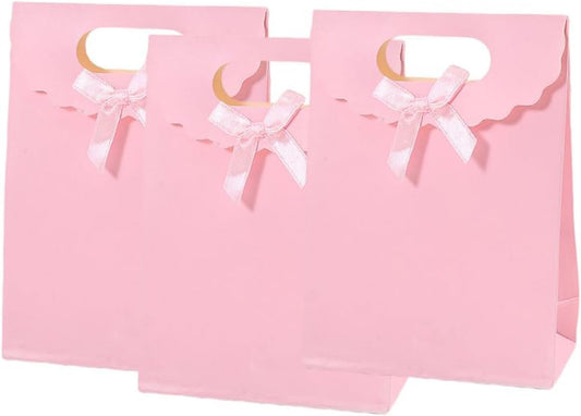 12pcs Pink Bow Gift Bags with Handles，Paper Flap Bags for Barbie Party Favors, Mothers Day, Weddings, Birthday Celebration, Baby Shower，Graduation，Valentine's Day，8.26×5.7×2.36inch