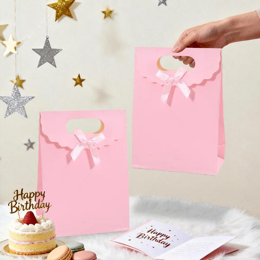 12pcs Pink Bow Gift Bags with Handles，Paper Flap Bags for Barbie Party Favors, Mothers Day, Weddings, Birthday Celebration, Baby Shower，Graduation，Valentine's Day，8.26×5.7×2.36inch