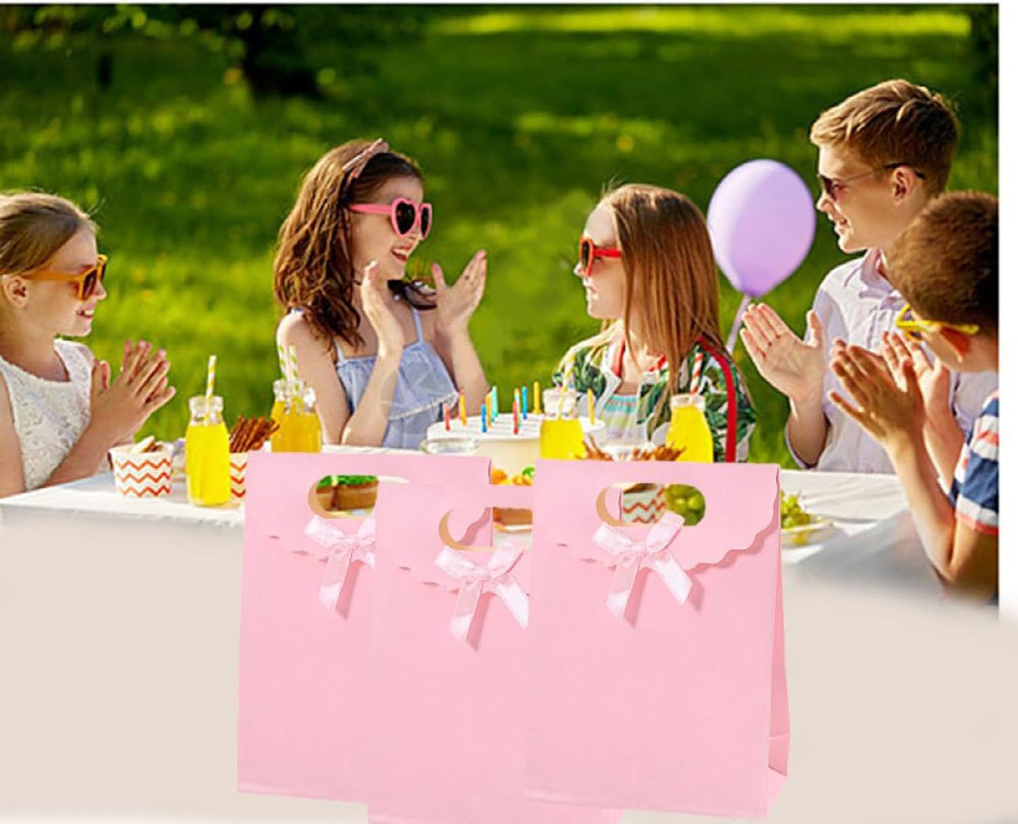 12pcs Pink Bow Gift Bags with Handles，Paper Flap Bags for Barbie Party Favors, Mothers Day, Weddings, Birthday Celebration, Baby Shower，Graduation，Valentine's Day，8.26×5.7×2.36inch