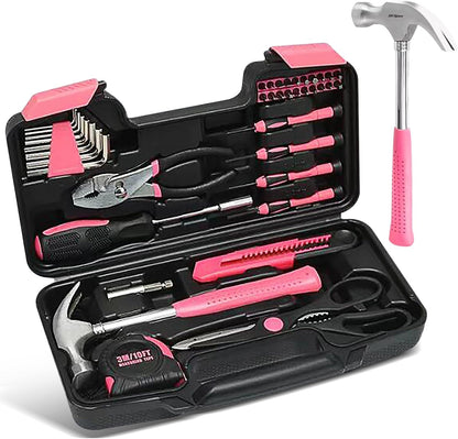 39 Piece Household Tool Set; Universal Repair Small Hand Tool Kit Organiser; For Home Garage Office College Dormitory Basic Tools; Hand Tool Kit, For Girls, Women; / PINK
