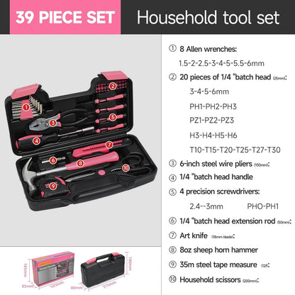 39 Piece Household Tool Set; Universal Repair Small Hand Tool Kit Organiser; For Home Garage Office College Dormitory Basic Tools; Hand Tool Kit, For Girls, Women; / PINK
