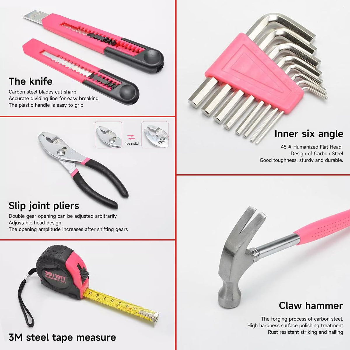 39 Piece Household Tool Set; Universal Repair Small Hand Tool Kit Organiser; For Home Garage Office College Dormitory Basic Tools; Hand Tool Kit, For Girls, Women; / PINK
