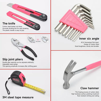 39 Piece Household Tool Set; Universal Repair Small Hand Tool Kit Organiser; For Home Garage Office College Dormitory Basic Tools; Hand Tool Kit, For Girls, Women; / PINK