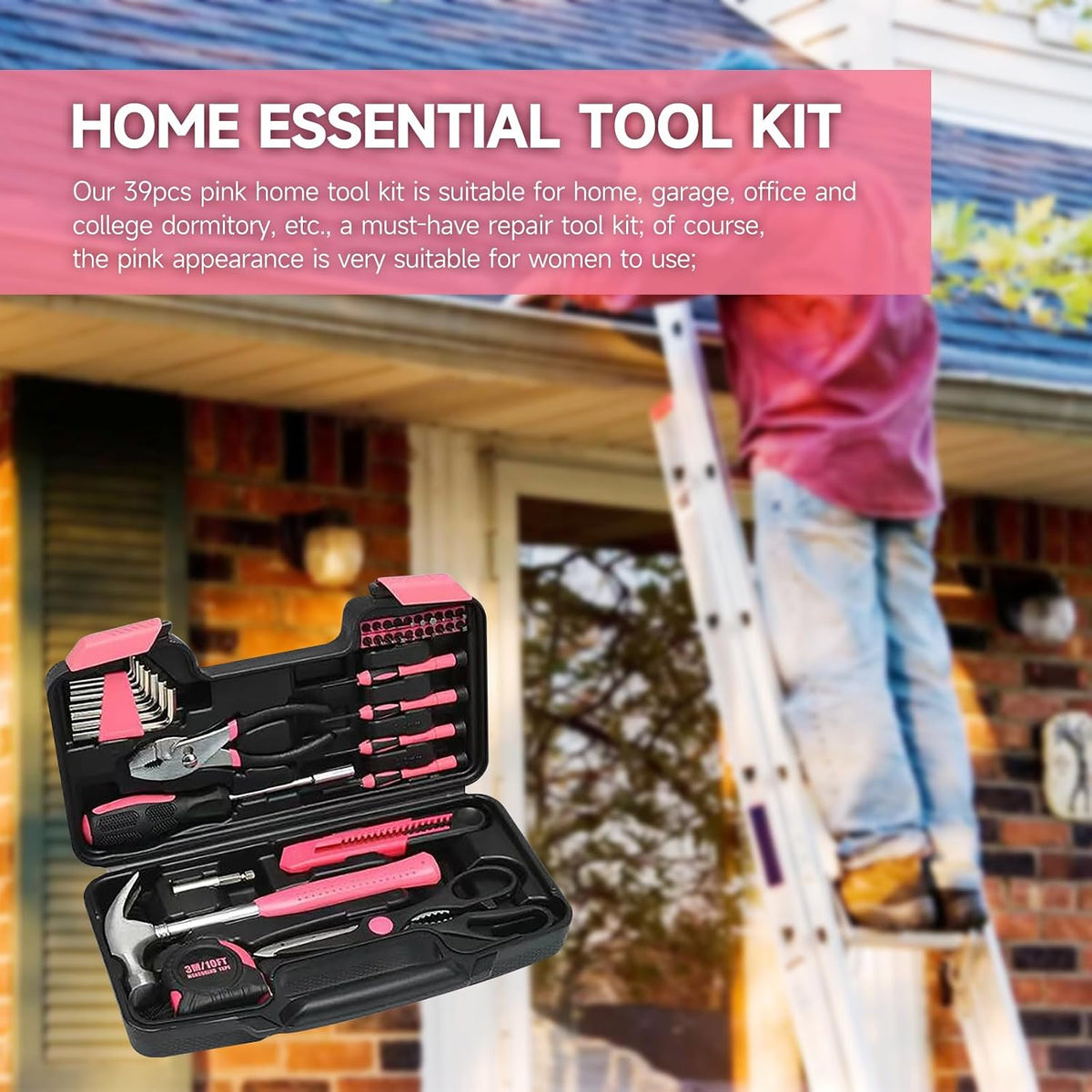39 Piece Household Tool Set; Universal Repair Small Hand Tool Kit Organiser; For Home Garage Office College Dormitory Basic Tools; Hand Tool Kit, For Girls, Women; / PINK