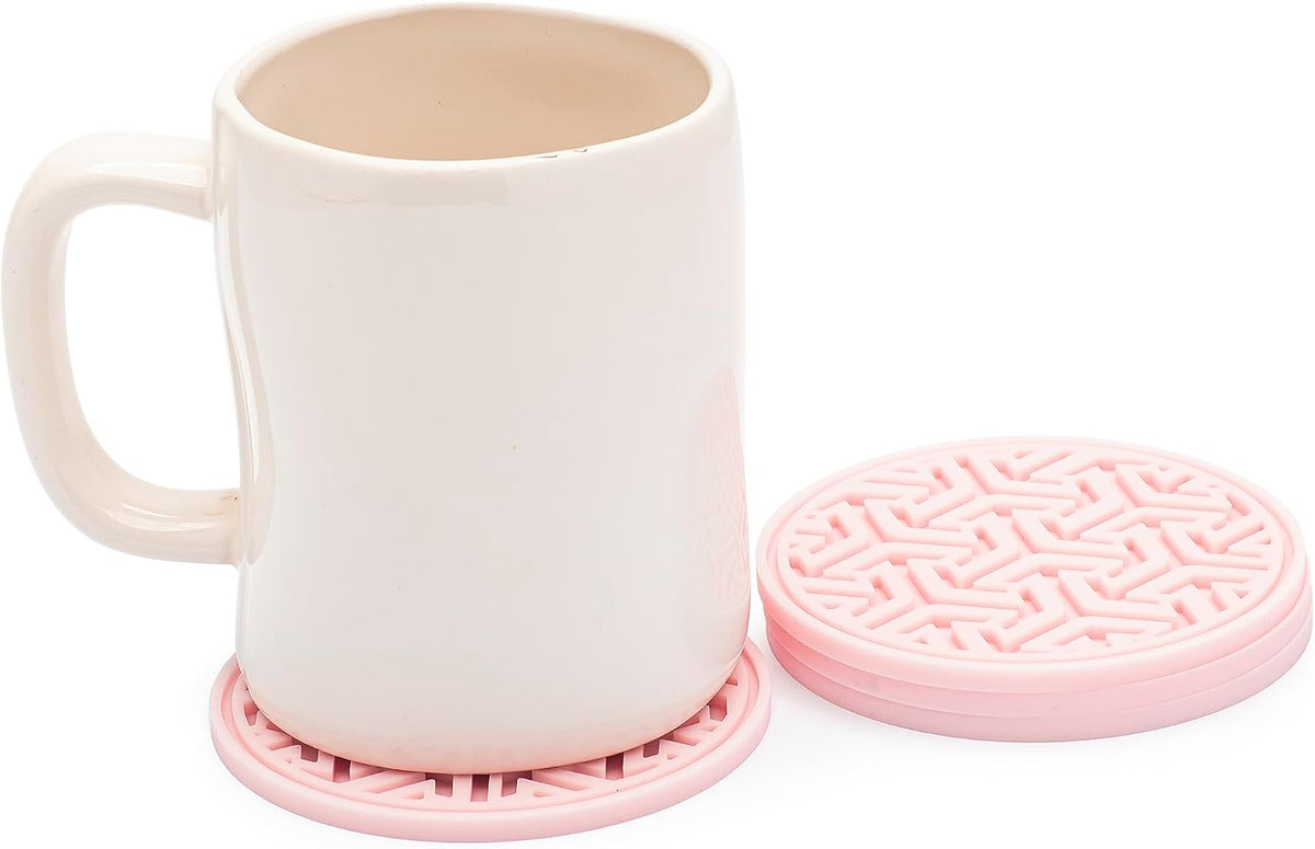 Drink Coasters for Tabletop Protection - Set of 4 No-Slip Silicone Rubber Coasters for Coffee Table, Desk & More - USA-Made Coasters for Drinks w/Liquid-Catching Grooves (Light Pink)