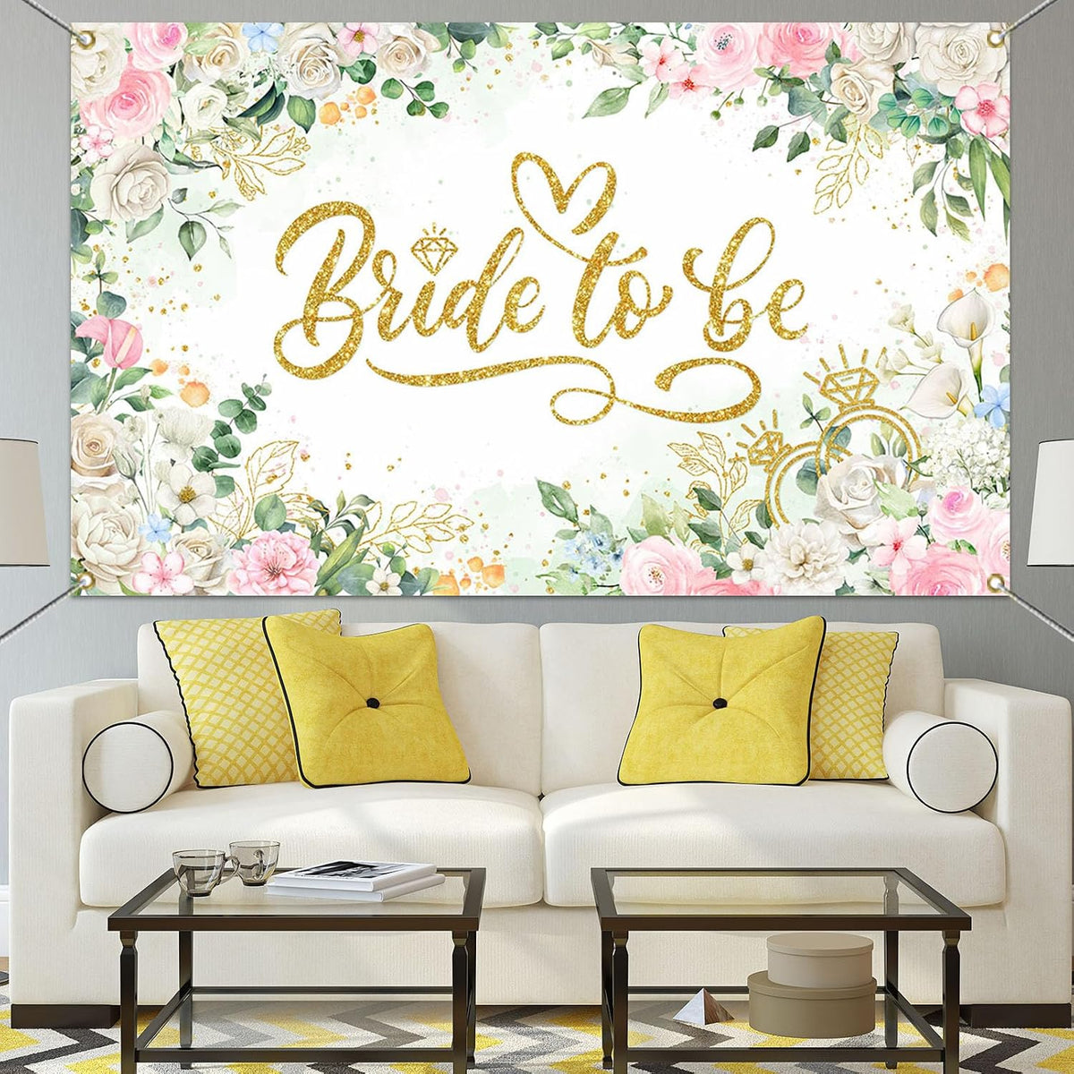 Bride to Be Banner Floral Bridal Shower Party Backdrop Spring Flowers Wedding Party Decorations Pink for Engagement Background for Photography (Pink and Gold, 70.8 x 43.3 Inch)