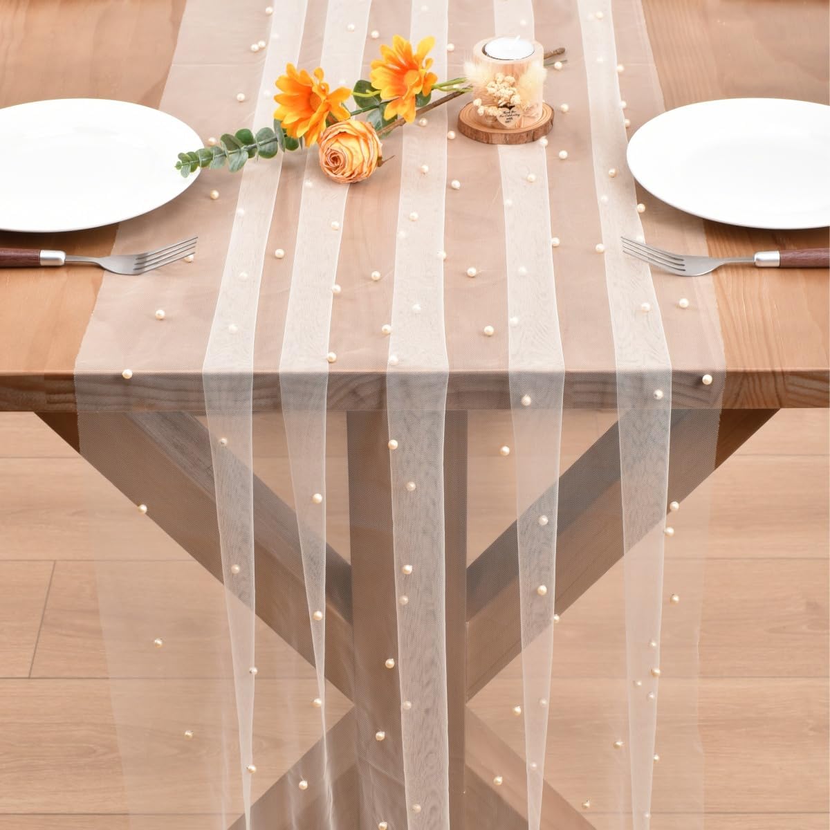 Pearl Table Runner Boho Rustic Tulle Lace Bridal Shower Beaded Table Decor