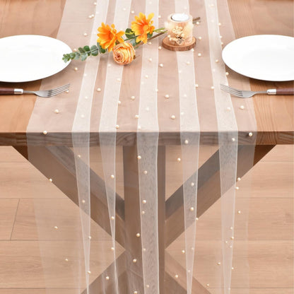 Pearl Table Runner Boho Rustic Tulle Lace Bridal Shower Beaded Table Decor