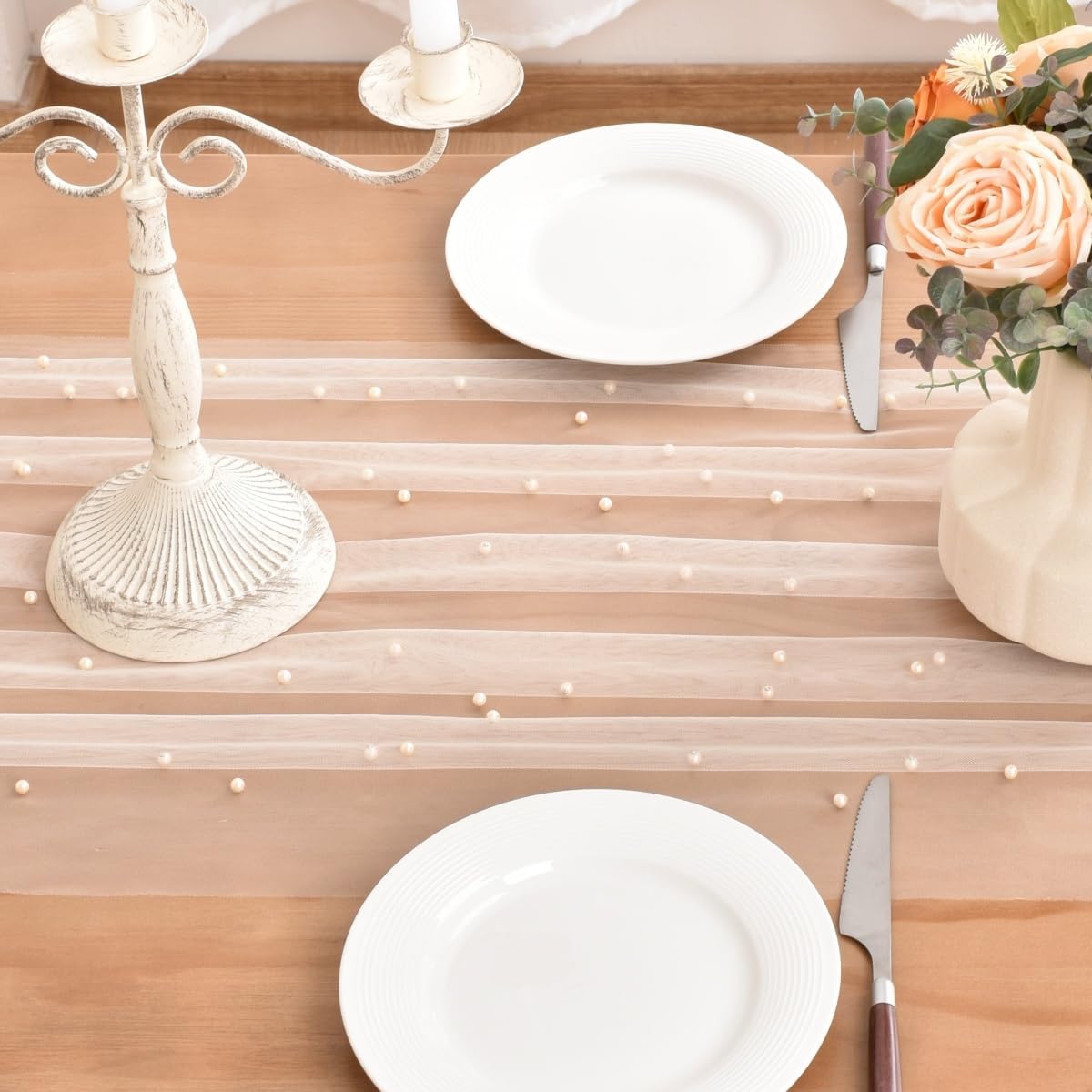 Pearl Table Runner Boho Rustic Tulle Lace Bridal Shower Beaded Table Decor