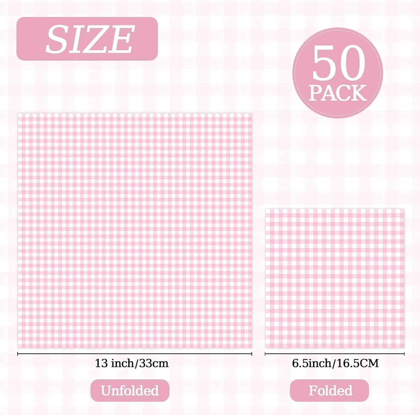 50 Pcs Pink Gingham Paper Napkins, Disposable Pink and White Checkered Luncheon Napkin Plaid Dinner Beverage Napkin for Picnic Baby & Bridal Shower Wedding Birthday Party Decorations