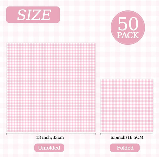 50 Pcs Pink Gingham Paper Napkins, Disposable Pink and White Checkered Luncheon Napkin Plaid Dinner Beverage Napkin for Picnic Baby & Bridal Shower Wedding Birthday Party Decorations