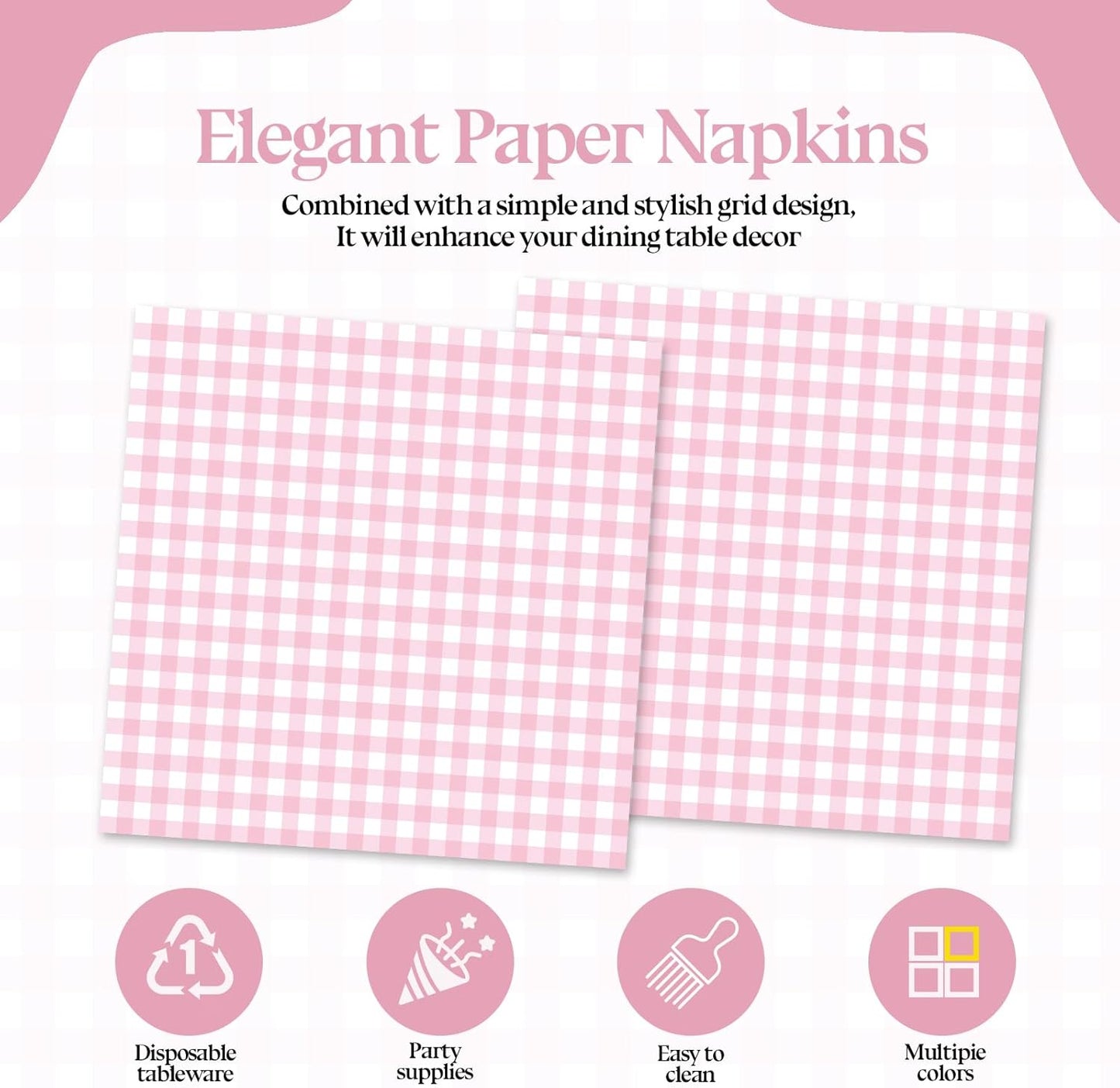 50 Pcs Pink Gingham Paper Napkins, Disposable Pink and White Checkered Luncheon Napkin Plaid Dinner Beverage Napkin for Picnic Baby & Bridal Shower Wedding Birthday Party Decorations