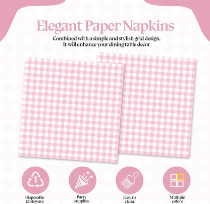 50 Pcs Pink Gingham Paper Napkins, Disposable Pink and White Checkered Luncheon Napkin Plaid Dinner Beverage Napkin for Picnic Baby & Bridal Shower Wedding Birthday Party Decorations