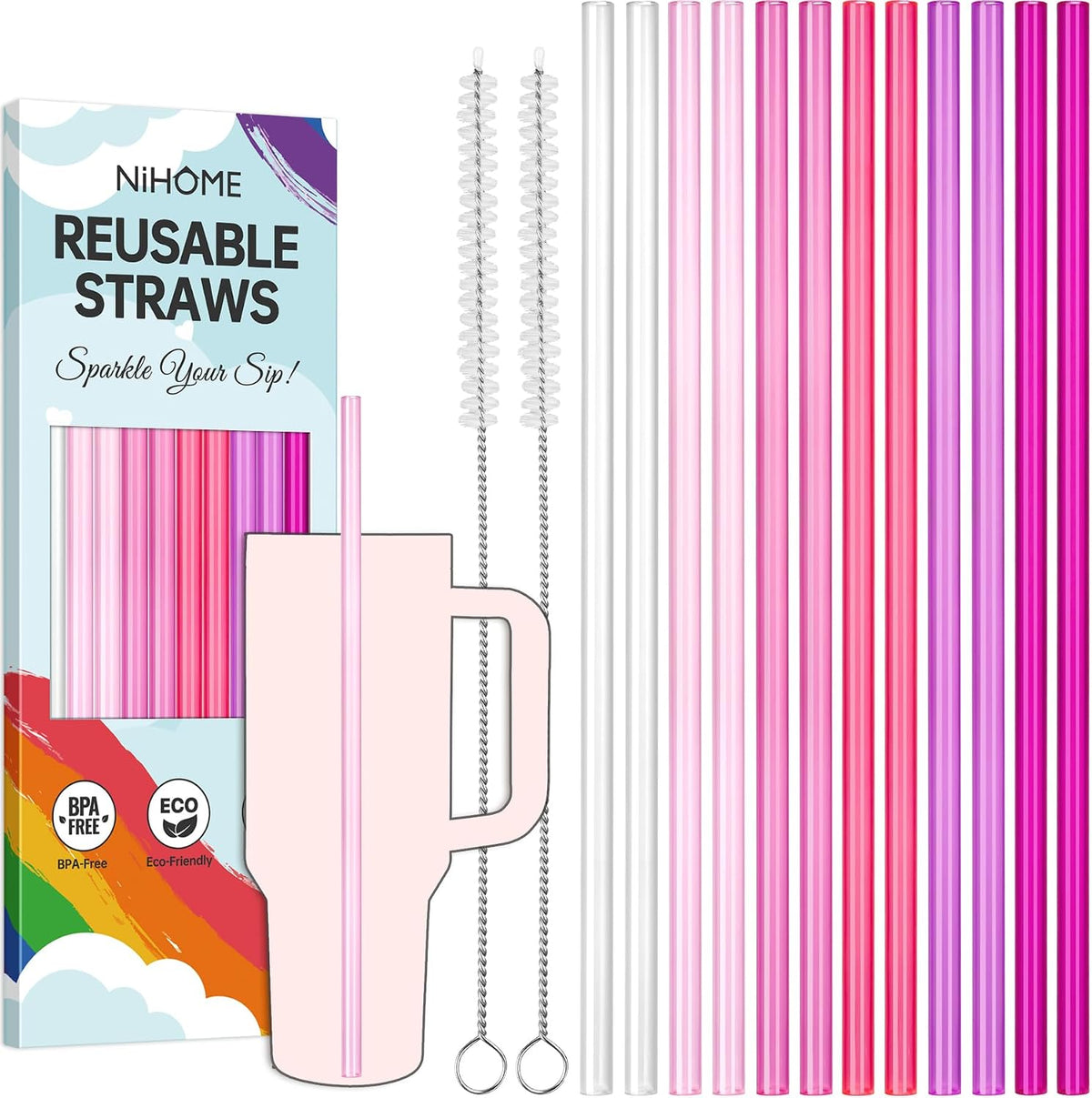 12-Pack Plastic Reusable Straws Fit for Stanley 40 30 64 oz Tumbler