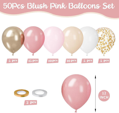 Pink Balloons, 50 Pcs Pink and Gold for Girls Birthday Baby Shower