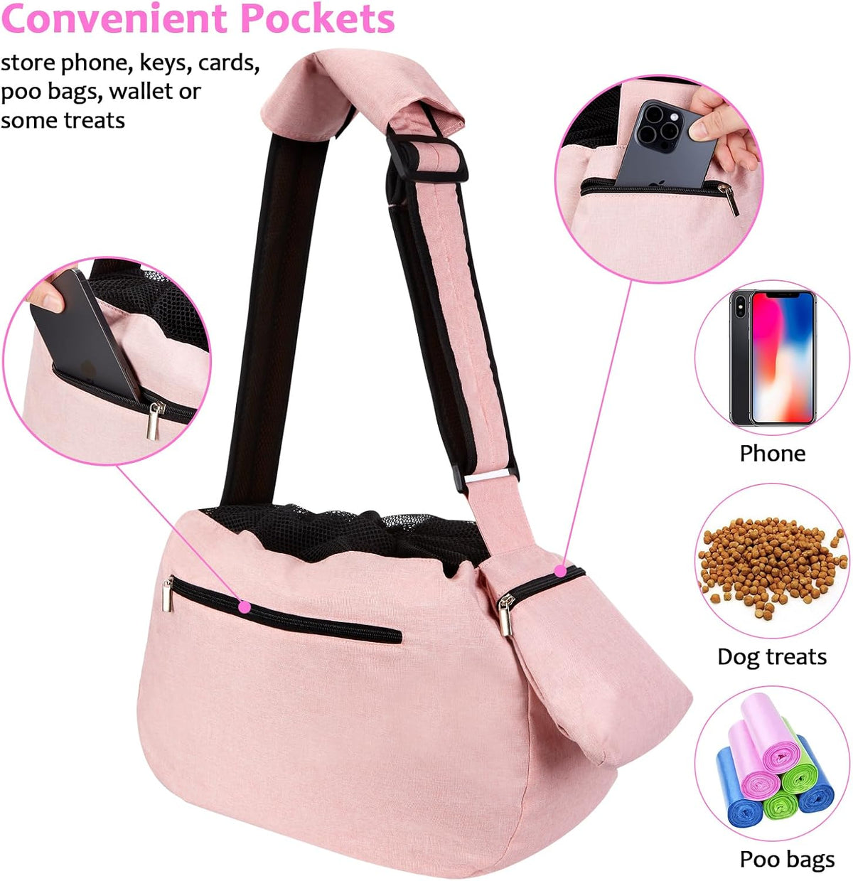 XL Dog Sling 15-25lbs, Hands-Free Carrier with Bottom Support Pad