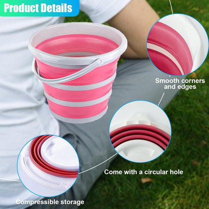 Car Collapsible Bucket, 10L 2.6 Gallon Foldable Car Wash Bucket for Space Saving, Portable Plastic Cleaning Buckets for Indoor Outdoor Vehicle Wash Garden Camping (Pink)