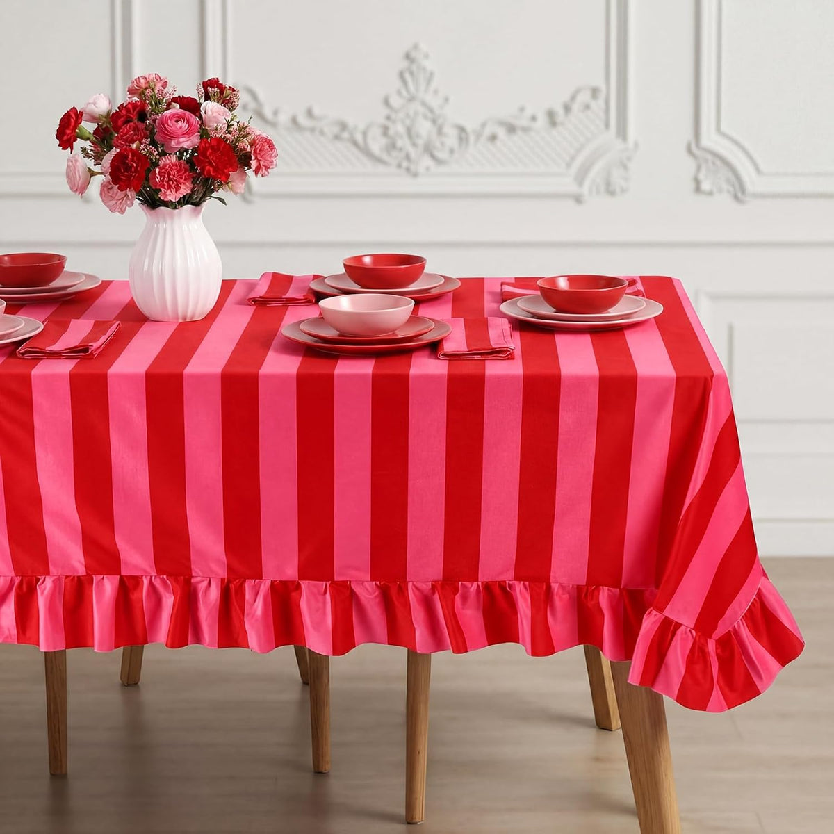 Rectangle Ruffle Tablecloth Velvet Pink Red Striped Table Cloth Boho Decorative Table Cover for Home Baby Shower Wedding Birthday Party Decoration, 55 x 70 Inches