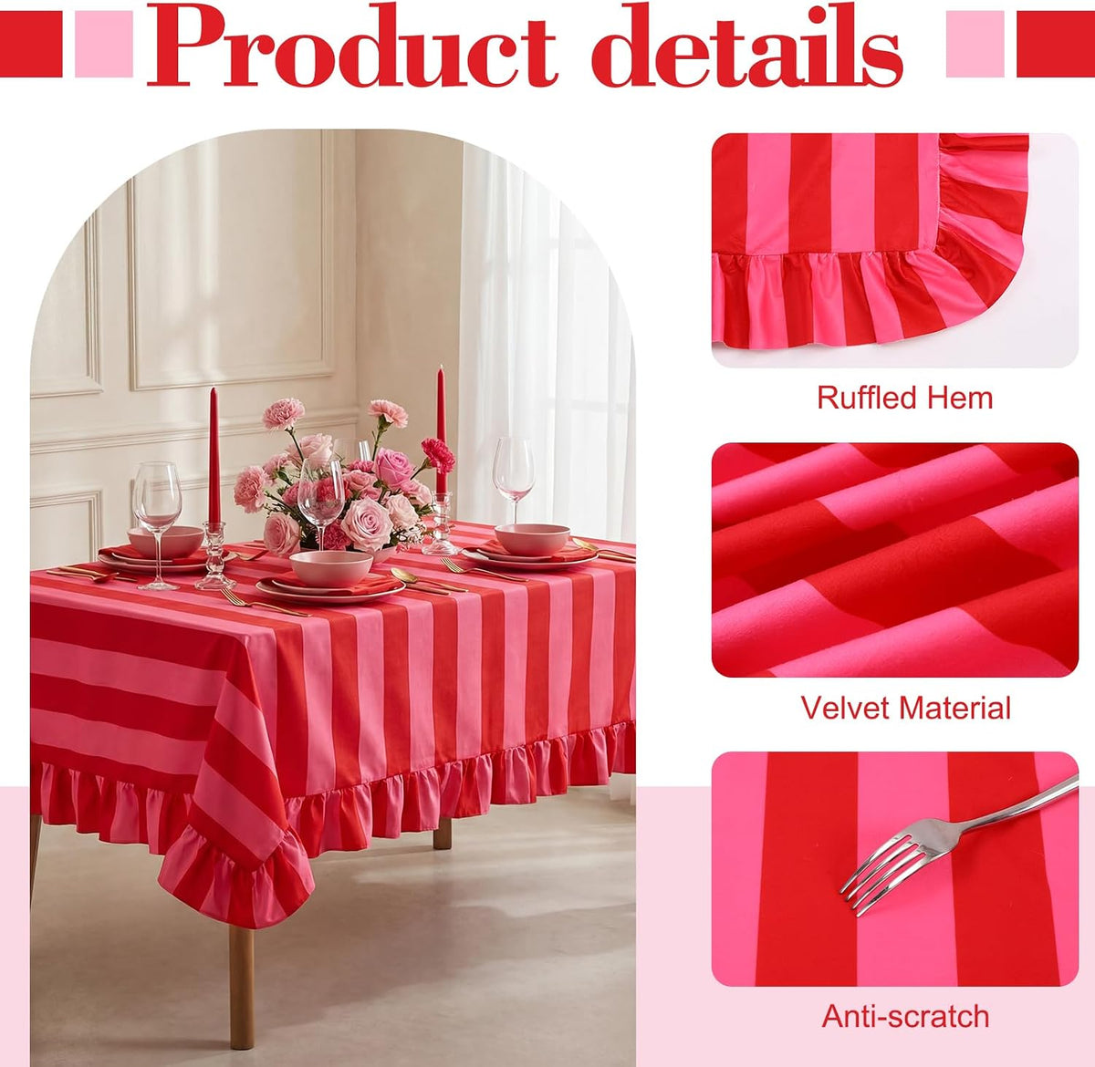 Rectangle Ruffle Tablecloth Velvet Pink Red Striped Table Cloth Boho Decorative Table Cover for Home Baby Shower Wedding Birthday Party Decoration, 55 x 70 Inches