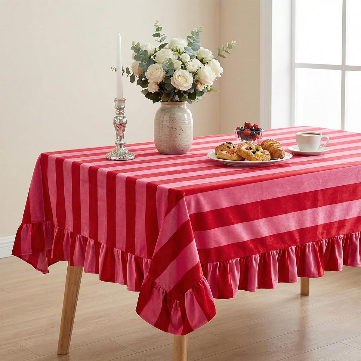 Rectangle Ruffle Tablecloth Velvet Pink Red Striped Table Cloth Boho Decorative Table Cover for Home Baby Shower Wedding Birthday Party Decoration, 55 x 70 Inches